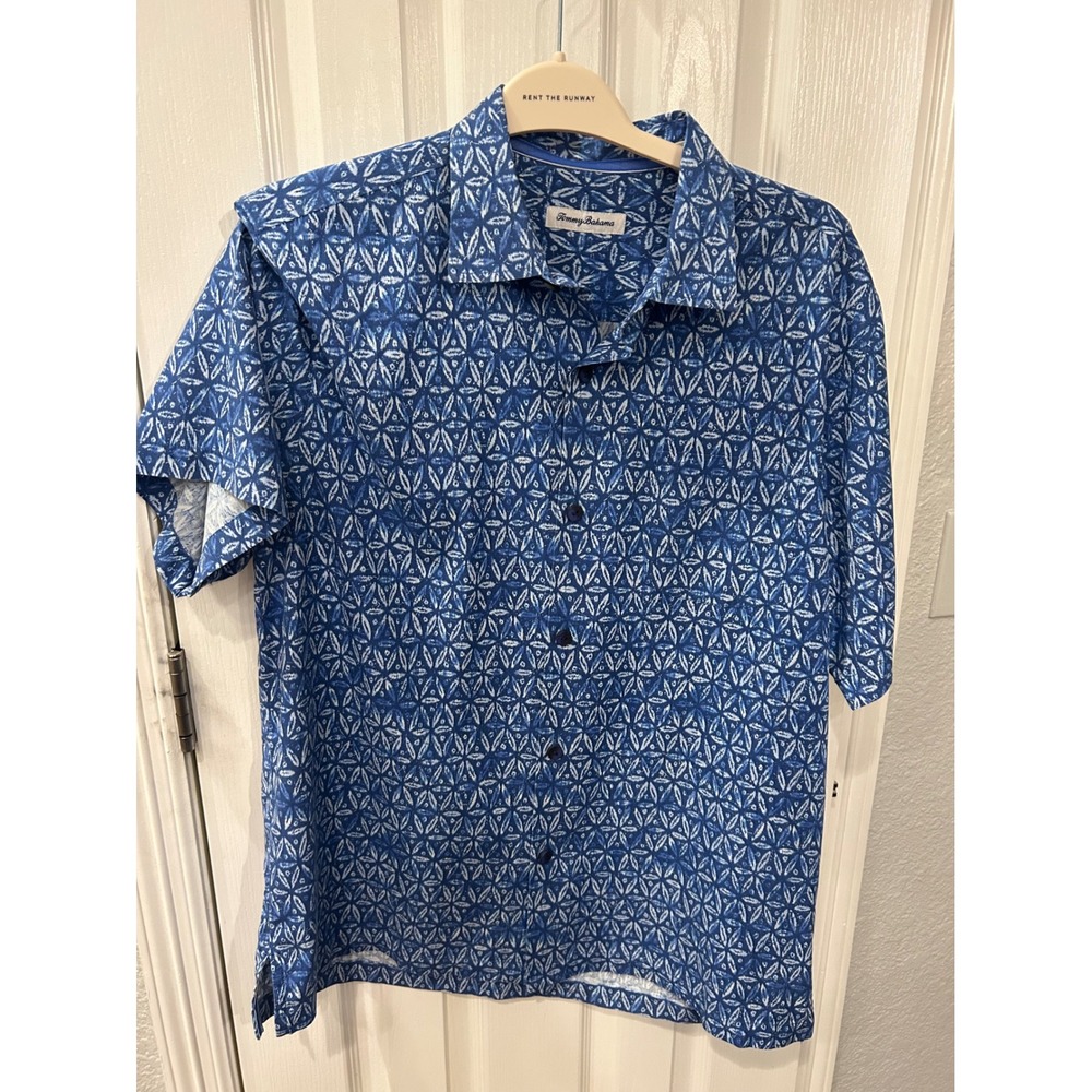 Tommy Bahama Button Front Shirt Blue Geometric Silk Blend IslandZone Camp L